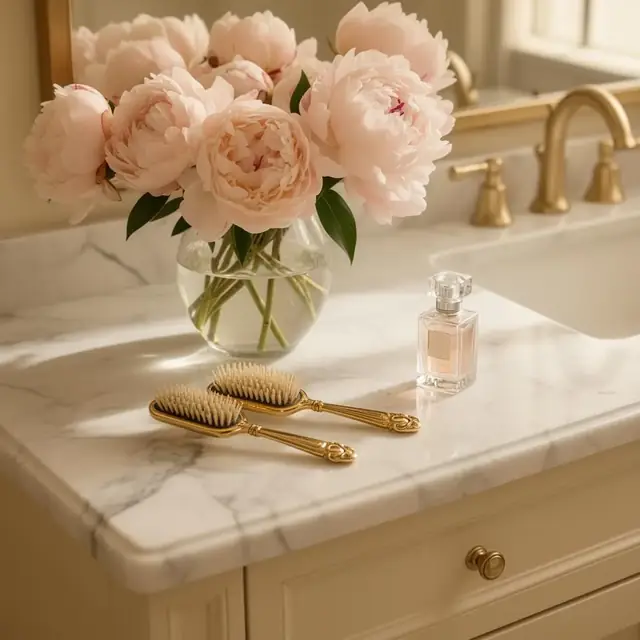 Marble vanity with peonies