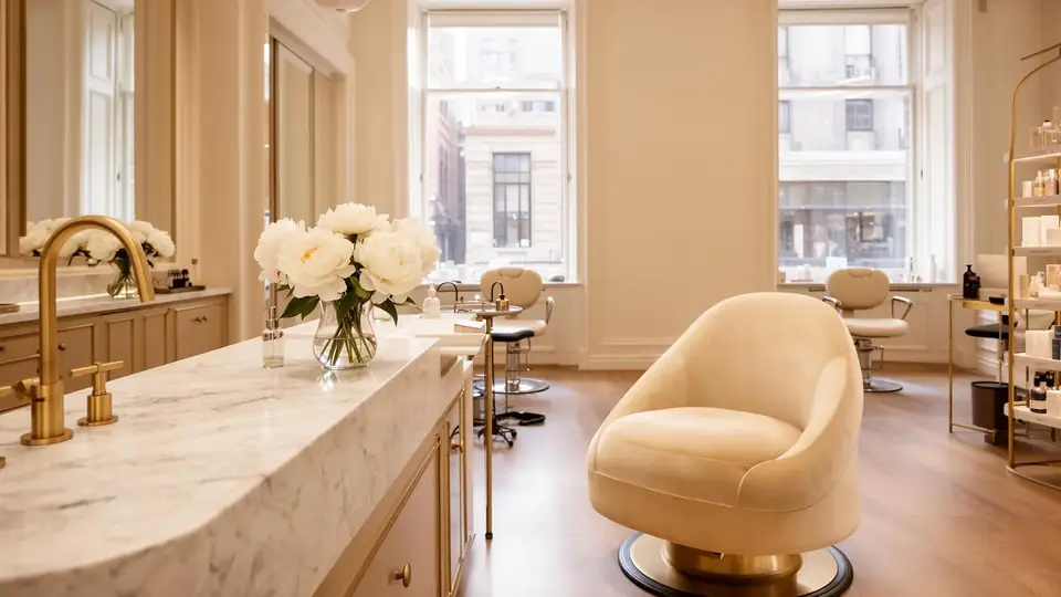 Beauty Inc. salon interior with marble surfaces and soft lighting